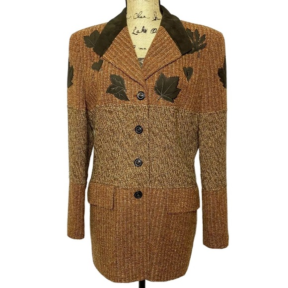 Escada Wool Blend Tweed Leaf Fall Foliage Button Up Blazer Jacket - Picture 1 of 10